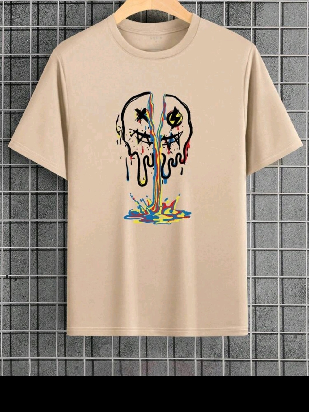 Beige Graphic Drip Skull Tee - Men's Casual Shirt